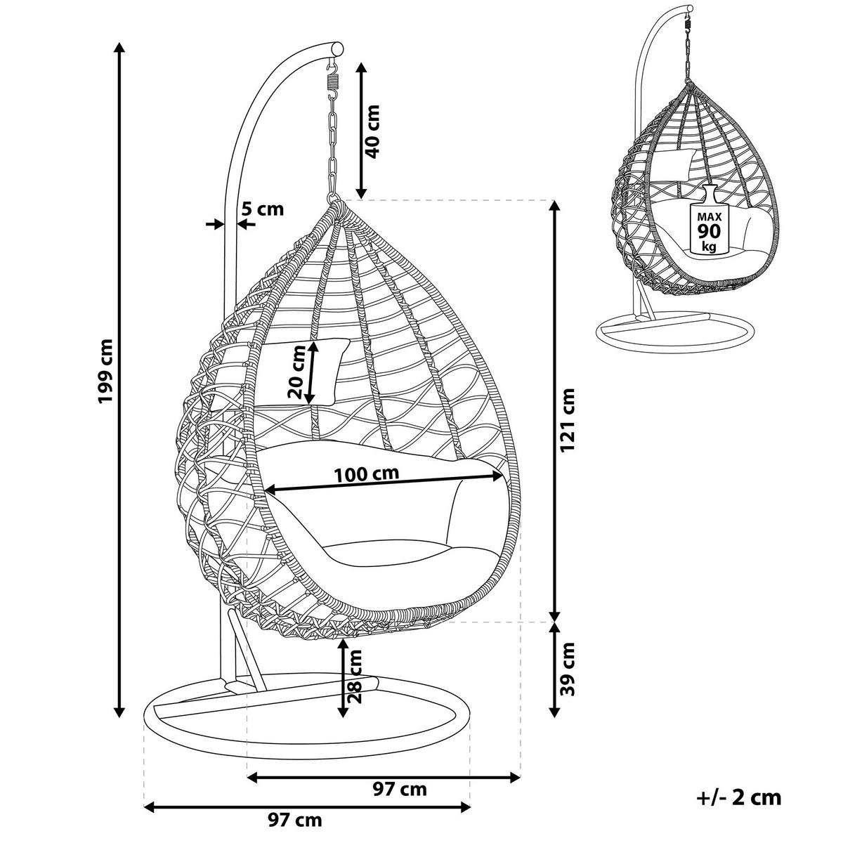 HÄNGESESSEL mit Gestell PE Rattan grau 97 cm Arsita - Grau, Kunststoff (100/199/97cm) - Beliani
