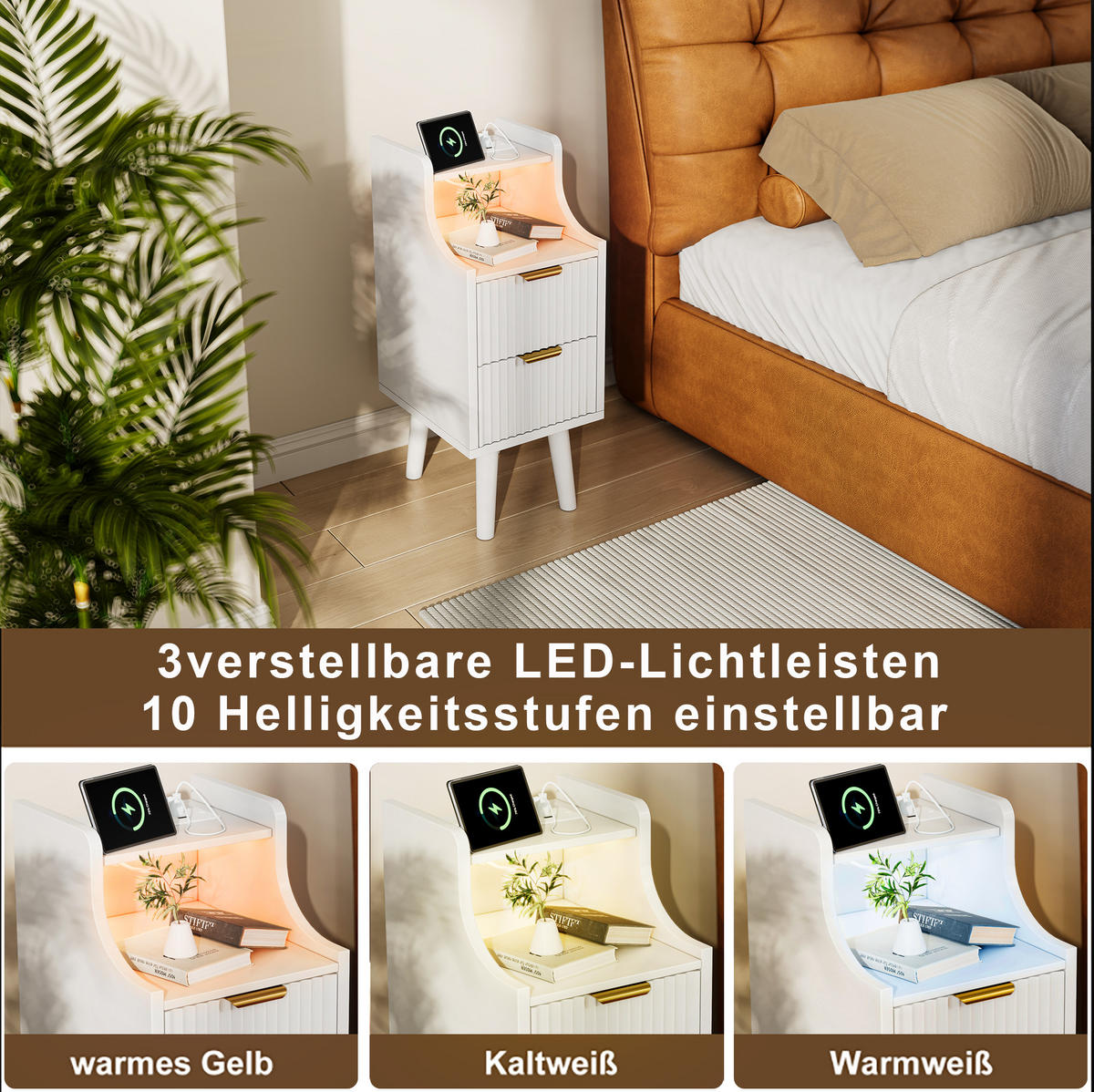NATTDUKSBORDSSET, 2 delar, vitt, med LED, USB och 2 lådor - Vit, Träbaserade material (25/60/30cm) - SHOPENTRA