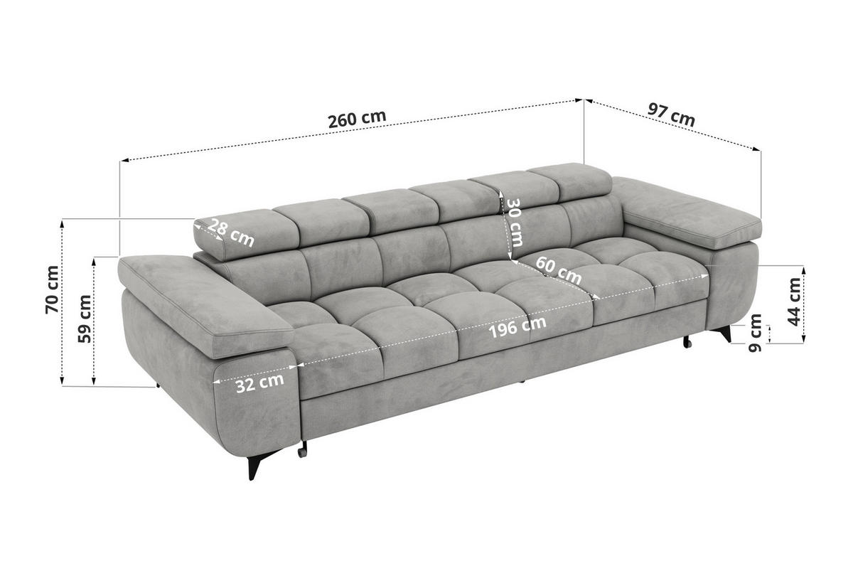 TŘÍMÍSTNÁ POHOVKA NIDELLO - Světle šedá Samet - černá/světle šedá, kov/textil (260/70/97cm) - MKS
