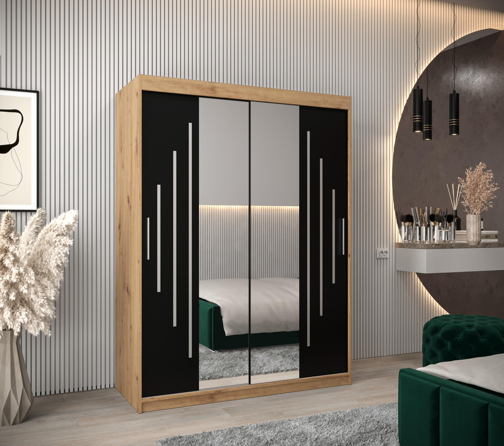 SCHWEBETÜRENSCHRANK 200/150/62 2-türig - Silberfarben/Schwarz, Holz/Kunststoff (150/200/62cm) - Abiks Möbel