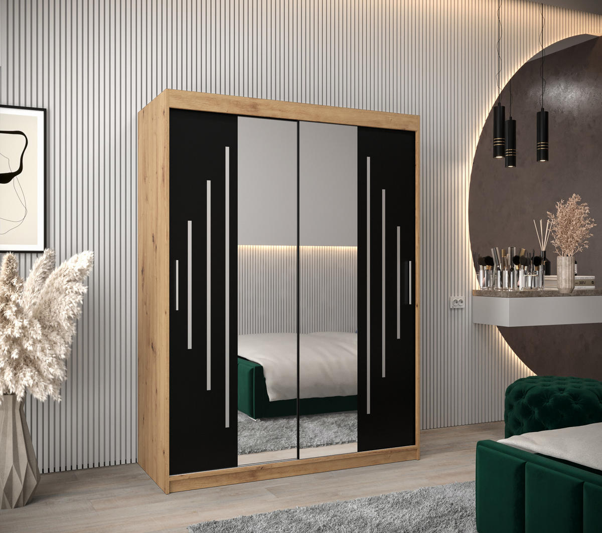 SCHWEBETÜRENSCHRANK 200/150/62 2-türig - Silberfarben/Schwarz, Holz/Kunststoff (150/200/62cm) - Abiks Möbel