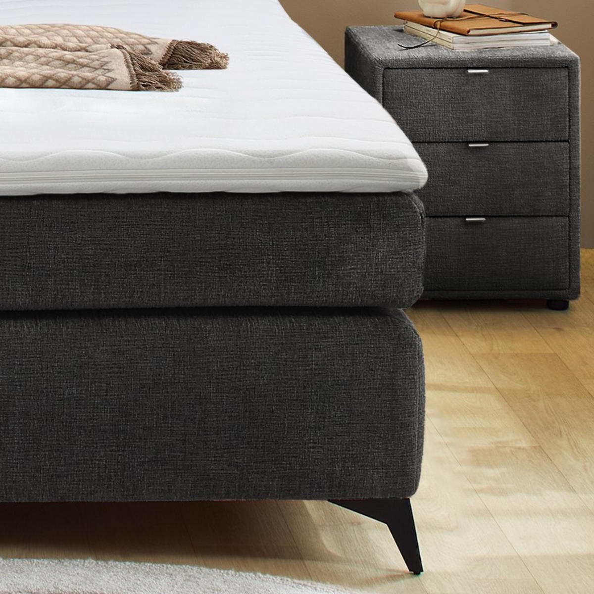BOXSPRINGBETT 180x200 cm mit Bonell-Wende-Federkernmatratzen H2/H3, Bonell-Federkernpolsterung, PU-Schaum-Topper, 2 Kissen, Chenille Anthrazit / 20031 - Anthrazit/Schwarz, Textil/Metall (180/200cm) - luma-home