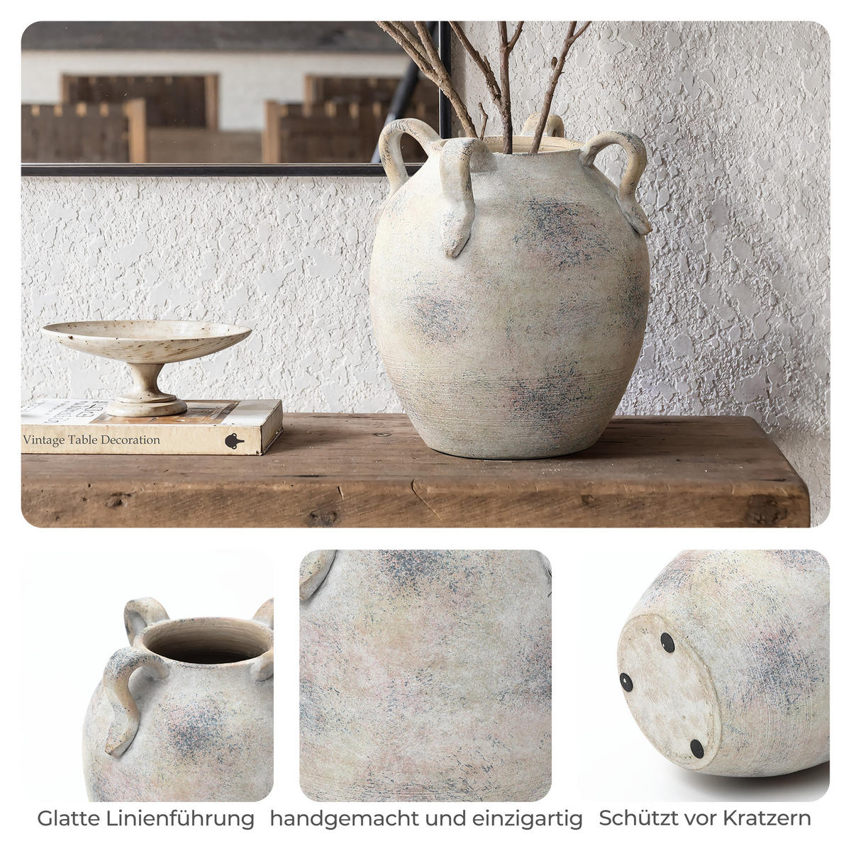 TERRAKOTTA-VASE mit Vierfach-Henkeln 20.8/23cm, Grauweiß - Weiß, Keramik (23cm) - Hometopia