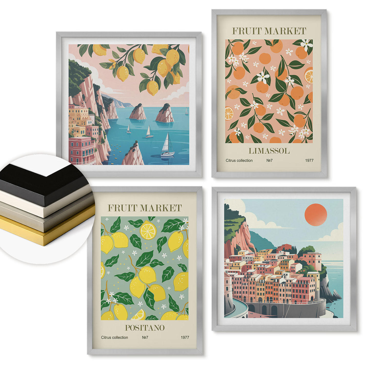 WANDBILDER 4er Set - 50x50 cm & 40x60 cm Silberner Rahmen - Zitrusfrüchte der italienischen Tropen - Silberfarben, Kunststoff (50/50cm) - ArtPrintCave