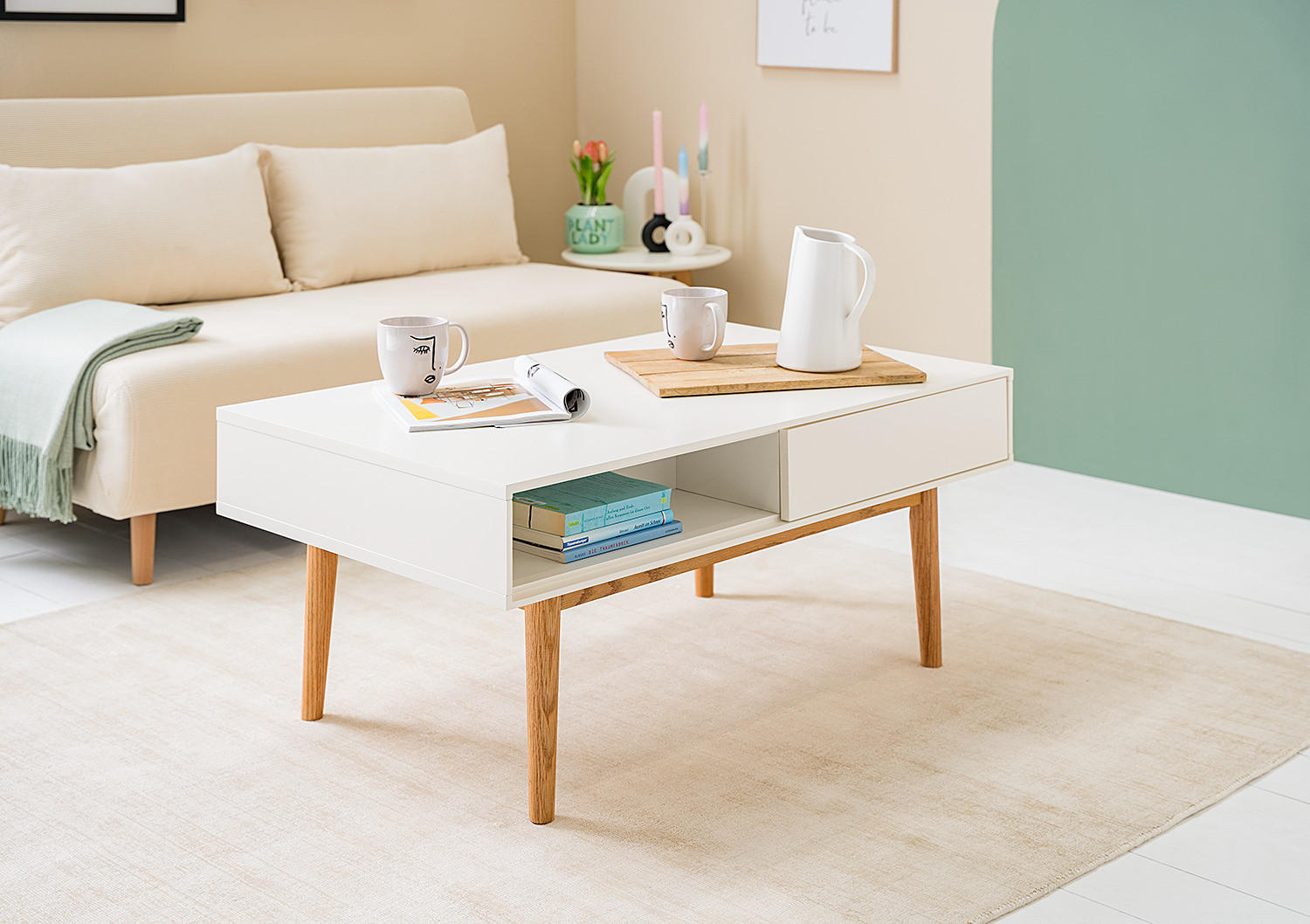 COUCHTISCH mit 2 Schubladen - Weiß / Eiche - Eichefarben/Weiß, Holzwerkstoff (60/100/45cm) - home24