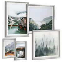 BILDER SET 5er Set - 50x50 cm & 20x30 cm & 40x60 cm Silberner Rahmen - Berge, See, Boot, Nebel, Strand - Silberfarben, Kunststoff (40/60cm) - TULUP