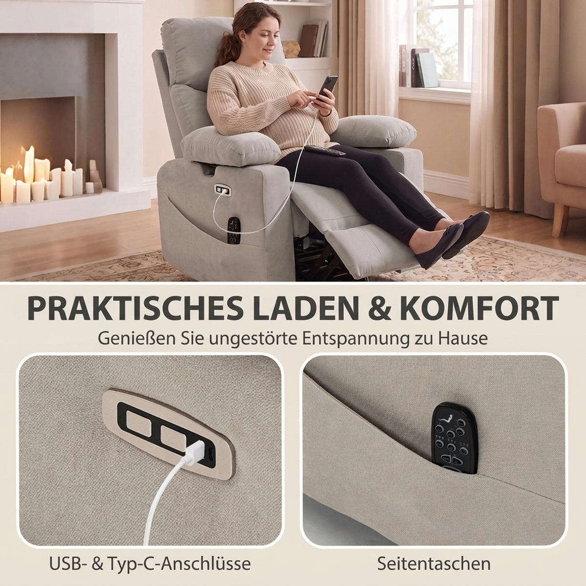 RELAXSESSEL Polyester Hellgrau - Hellgrau/Schwarz, Textil/Metall (92/110/95cm) - HOMCOM
