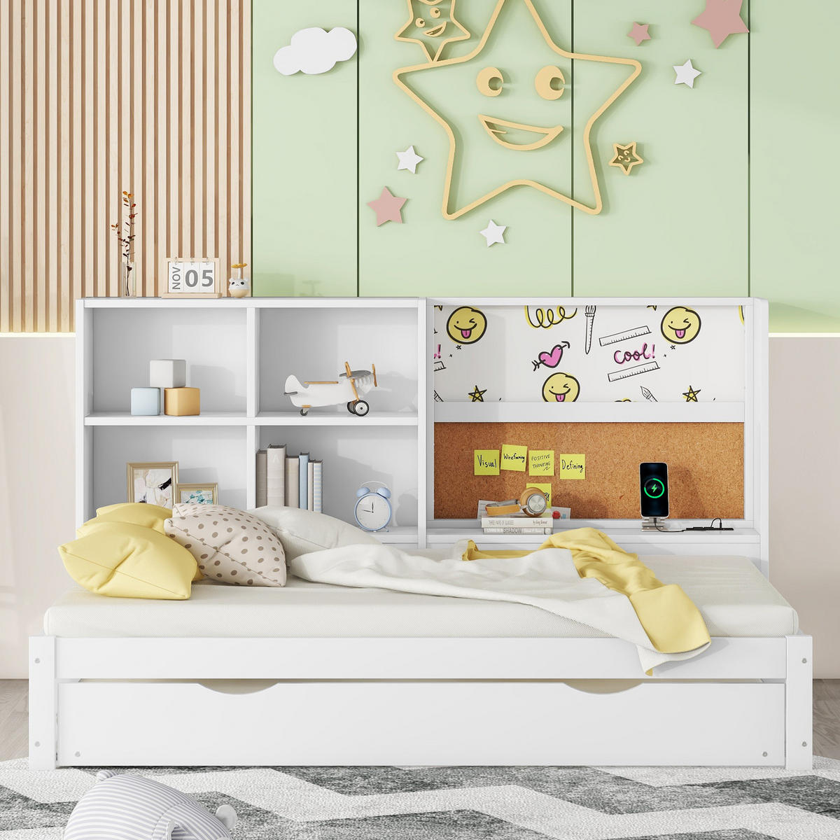SCHLAFSOFA 90x200cm Weiß mit Ausziehbett USB Zeichenbrett - Weiß, Holz (90/200cm) - FLIEKS