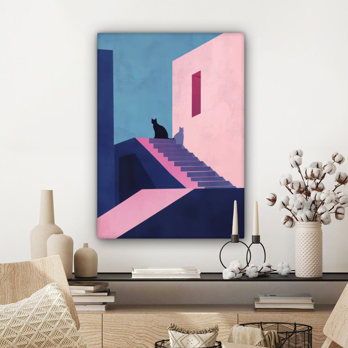 LEINWANDBILD Katze - Treppe - Gebäude - Schattenkontraste Wandbild Wohnzimmer 60x80 cm - Dunkelblau, Textil (60/80cm) - MuchoWow