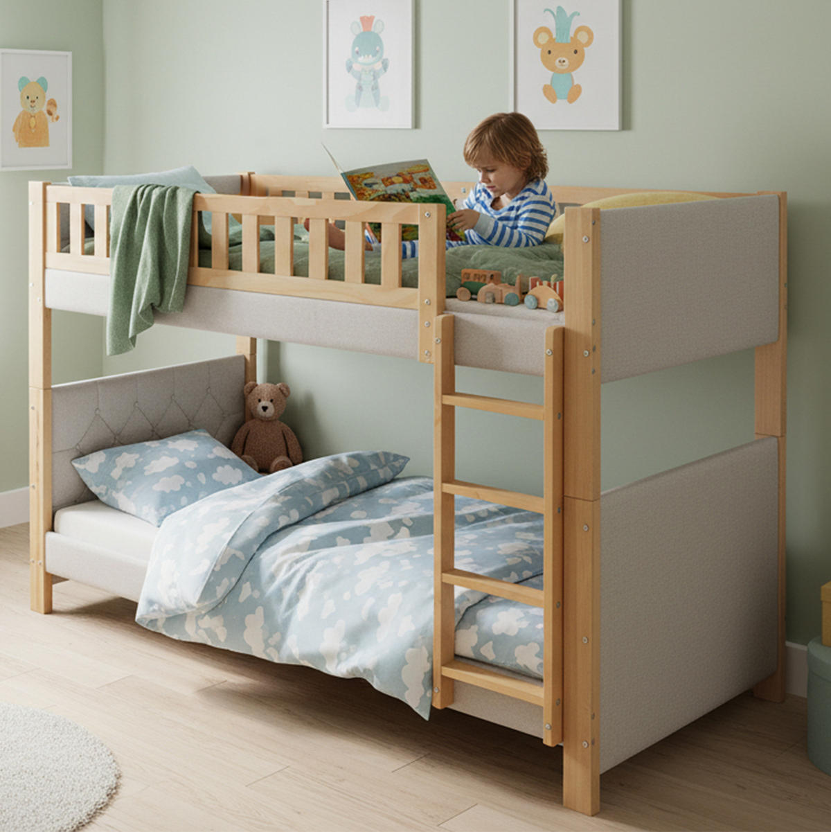 ETAGENBETT 90/200 cm grau/natur aus Kautschukholz und MDF mit gerader Treppe - Grau, Holz (90/200cm) - OKWISH