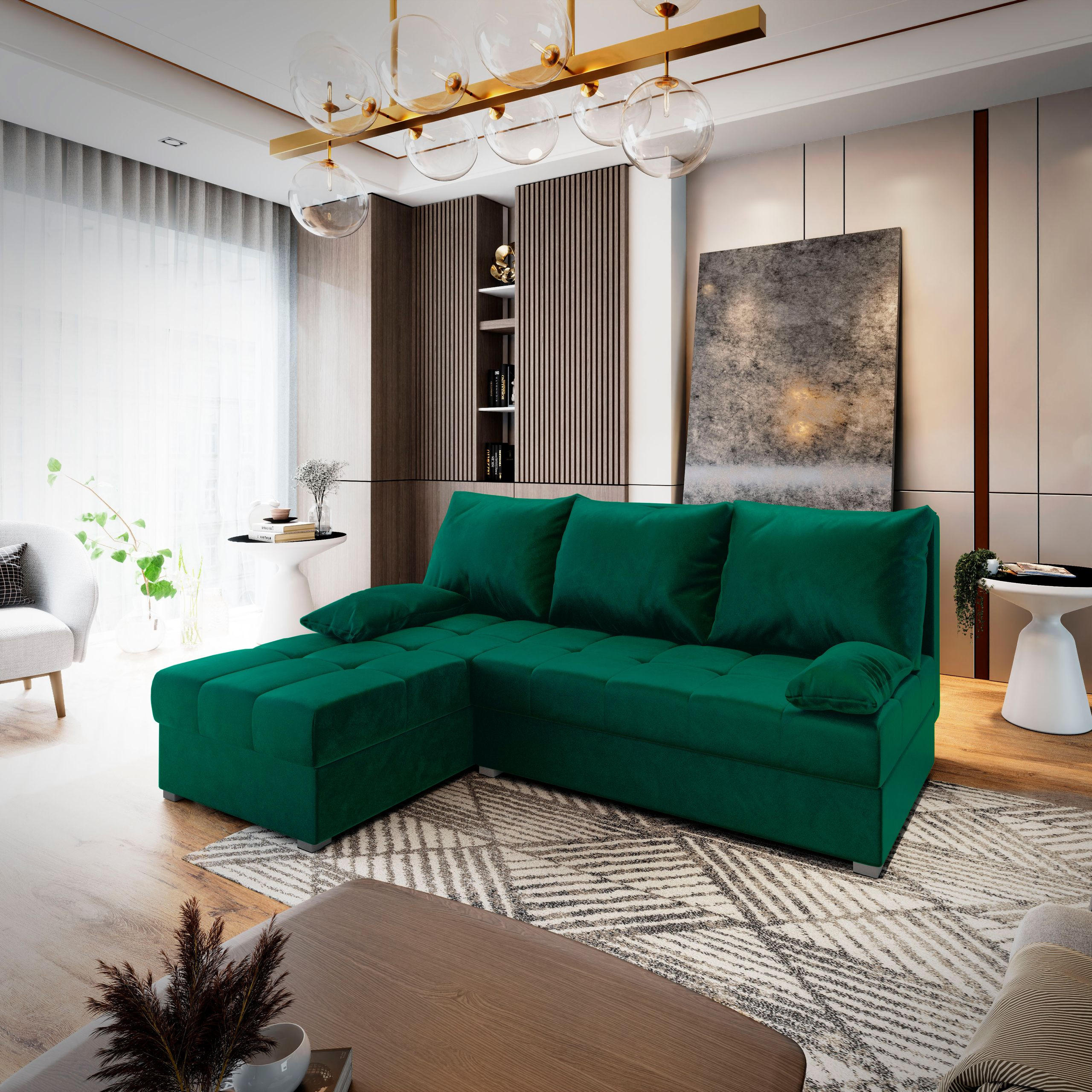 ECKSOFA RITA Grün Plüsch-Stoff mit Schlaffunktion - Grün, Holz (200/141cm) - MASSENO