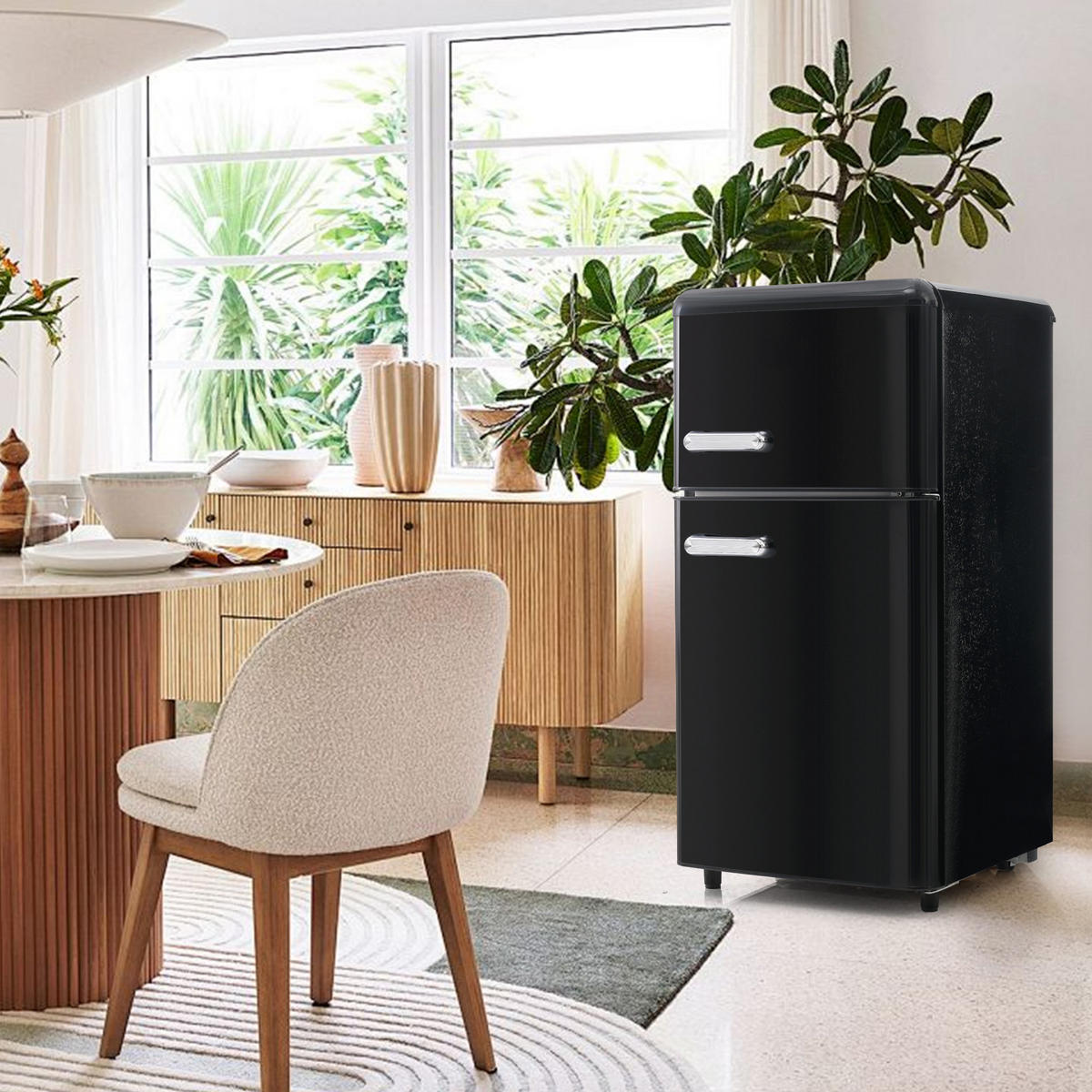 RETRO KÜHLSCHRANK 72L Doppeltür 21L Gefrier LED E Klasse - Schwarz, Kunststoff (45/91/46cm) - FLIEKS