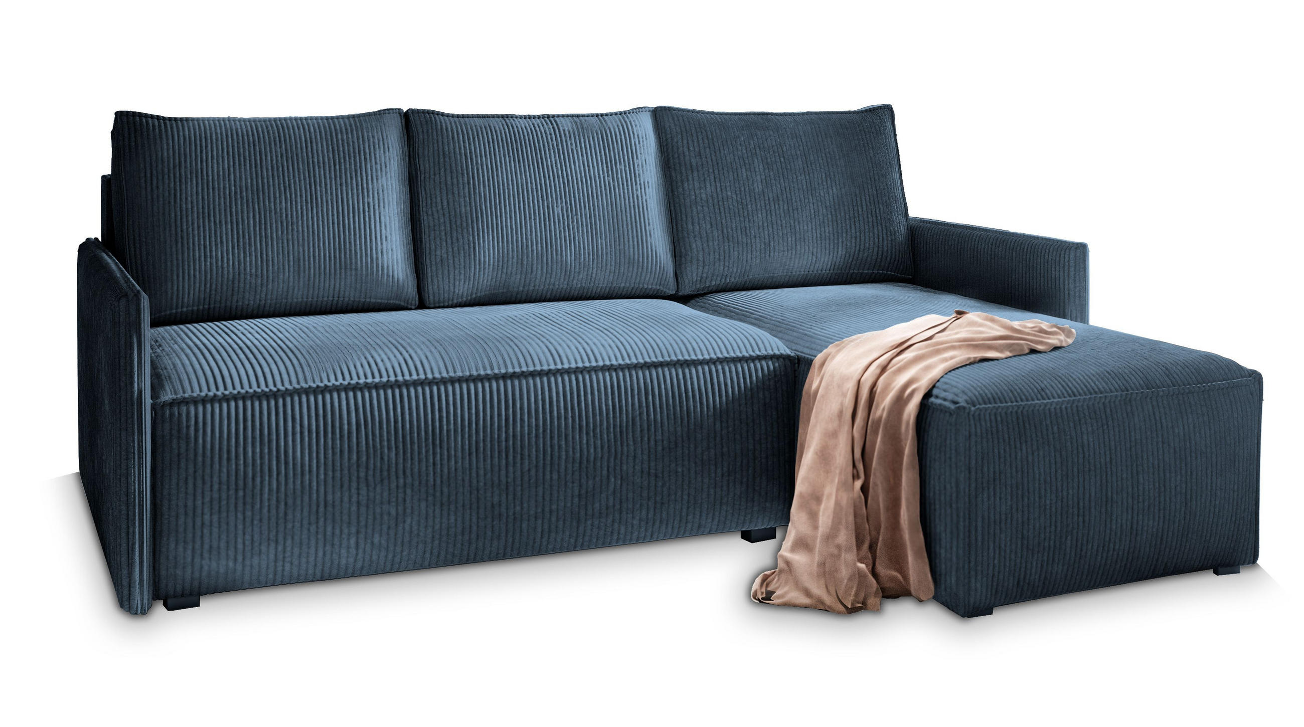 ECKSOFA PERUSI Blau Kordstoff mit Schlaffunktion - Blau, Holz (206/143cm) - MASSENO