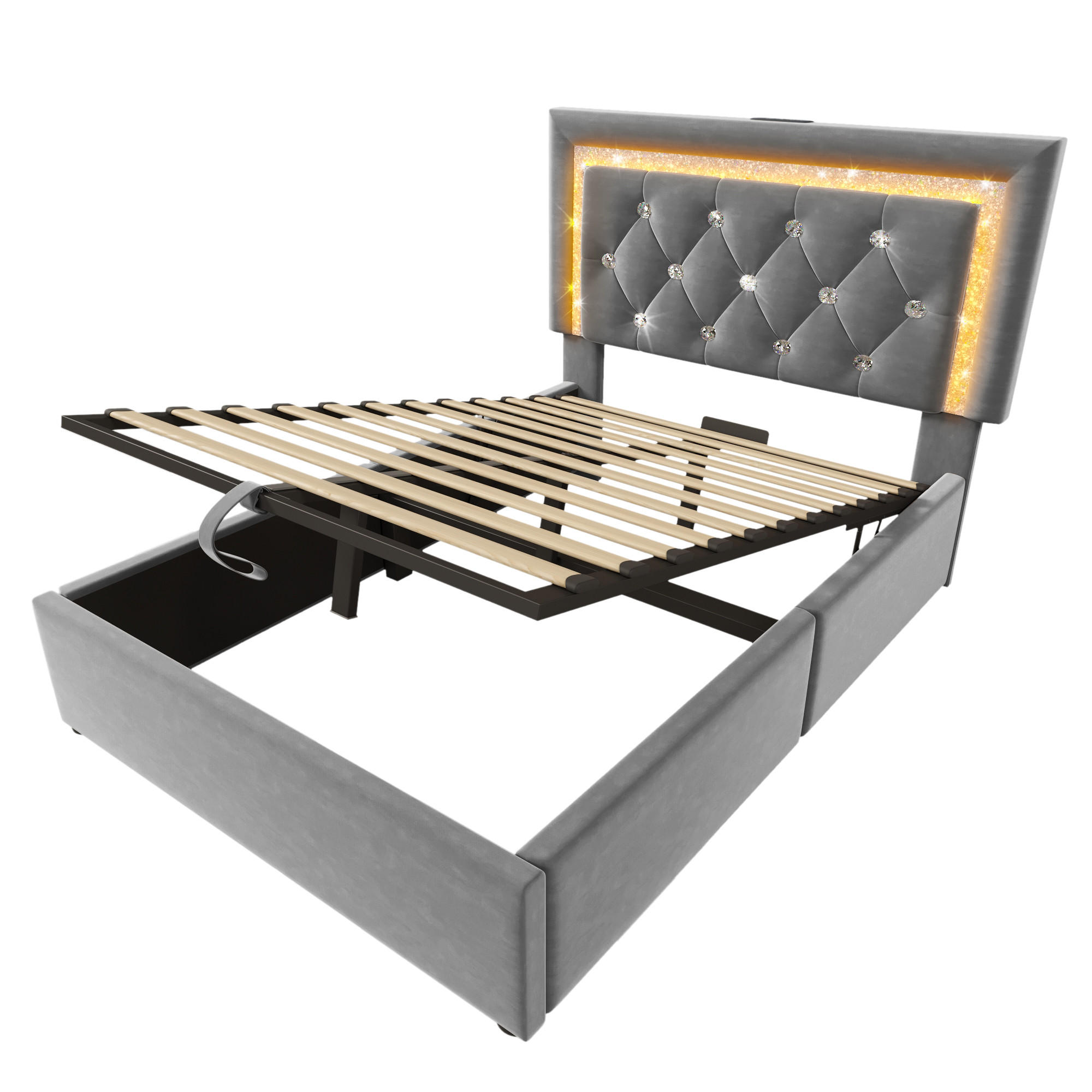 POLSTERBETT 90/200 cm Grau mit rautenförmigem LED-Lichtstreifen sowie USB- und Typ-C-Ladeanschlüssen - Grau, Textil (90/200cm) - Oxeza
