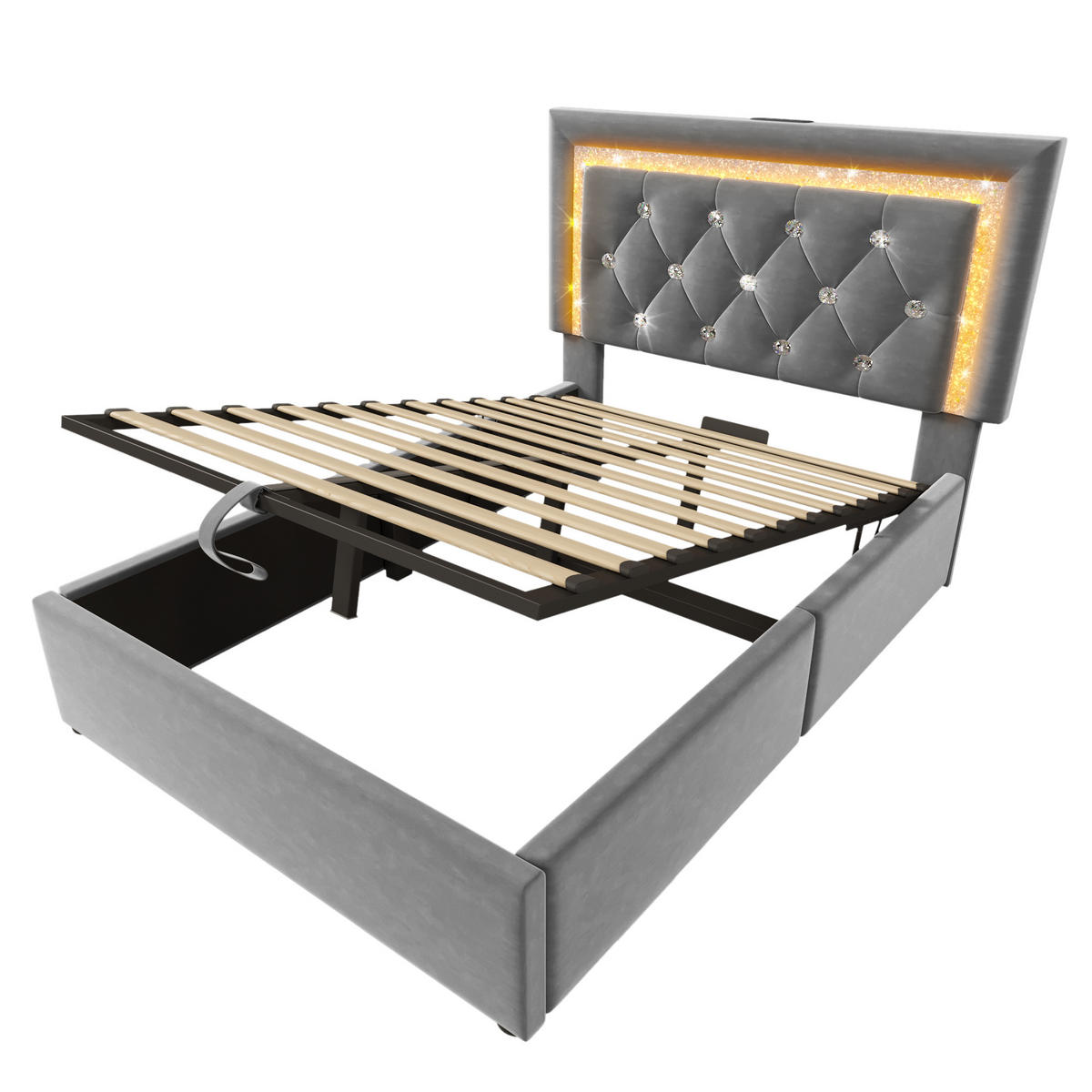 POLSTERBETT 90/200 cm mit LED-Beleuchtung, USB- und Type-C-Anschluss, hydraulischem Bettkasten aus Samt, Grau - Grau, Textil (90/200cm) - Redom