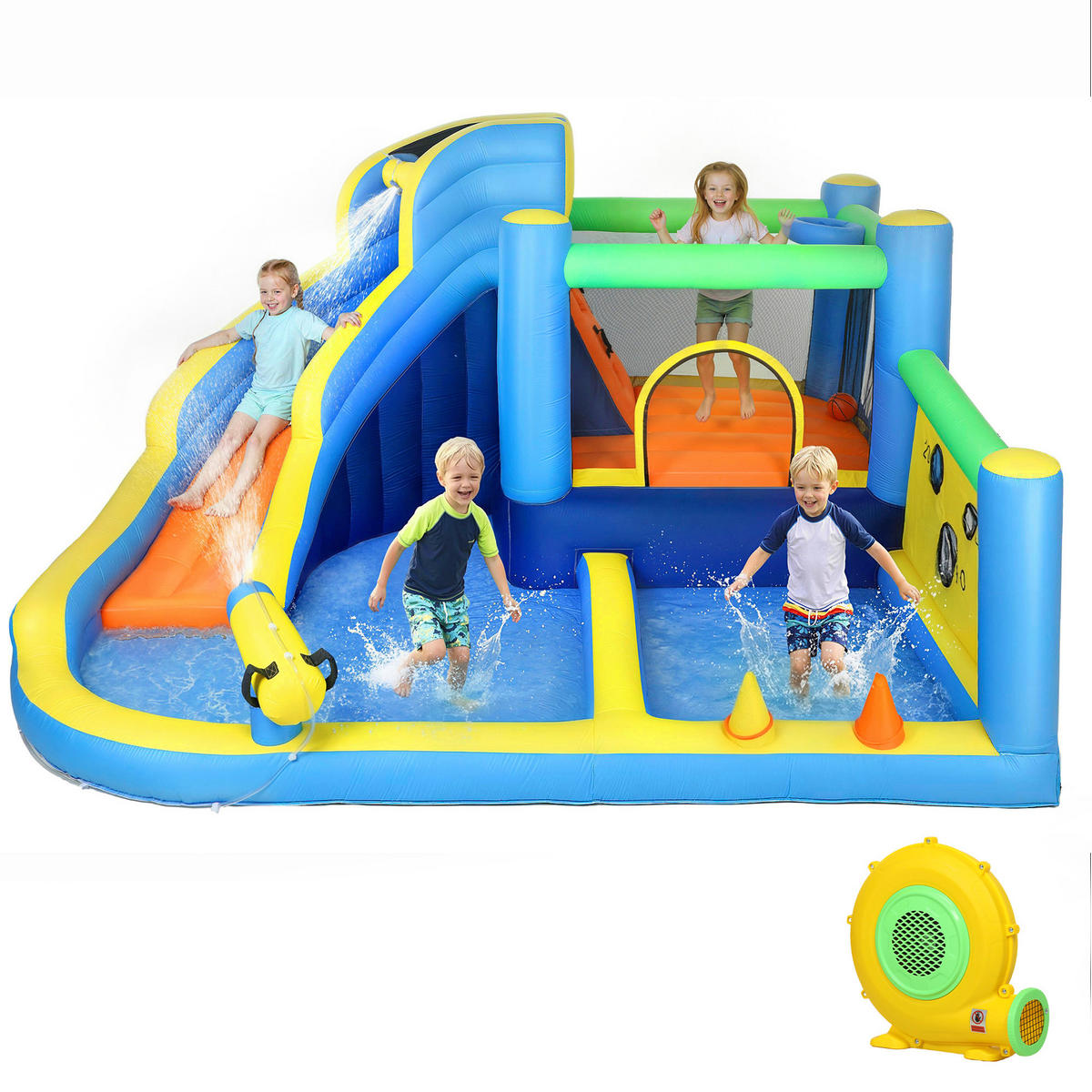 HÜPFBURG DE-18571 8-in-1 mit Gebläse, Wasserspielzeug & Trampolin - Multicolor, Kunststoff (350/320/190cm) - ComfortXL