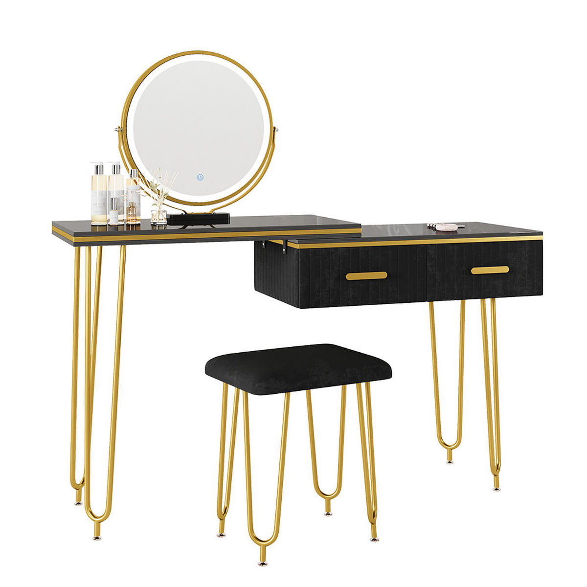 SCHMINKTISCH Zoey Schwarz 120 cm mit LED Spiegel und Hocker - Schwarz, Holzwerkstoff (120/76/37cm) - Vicco