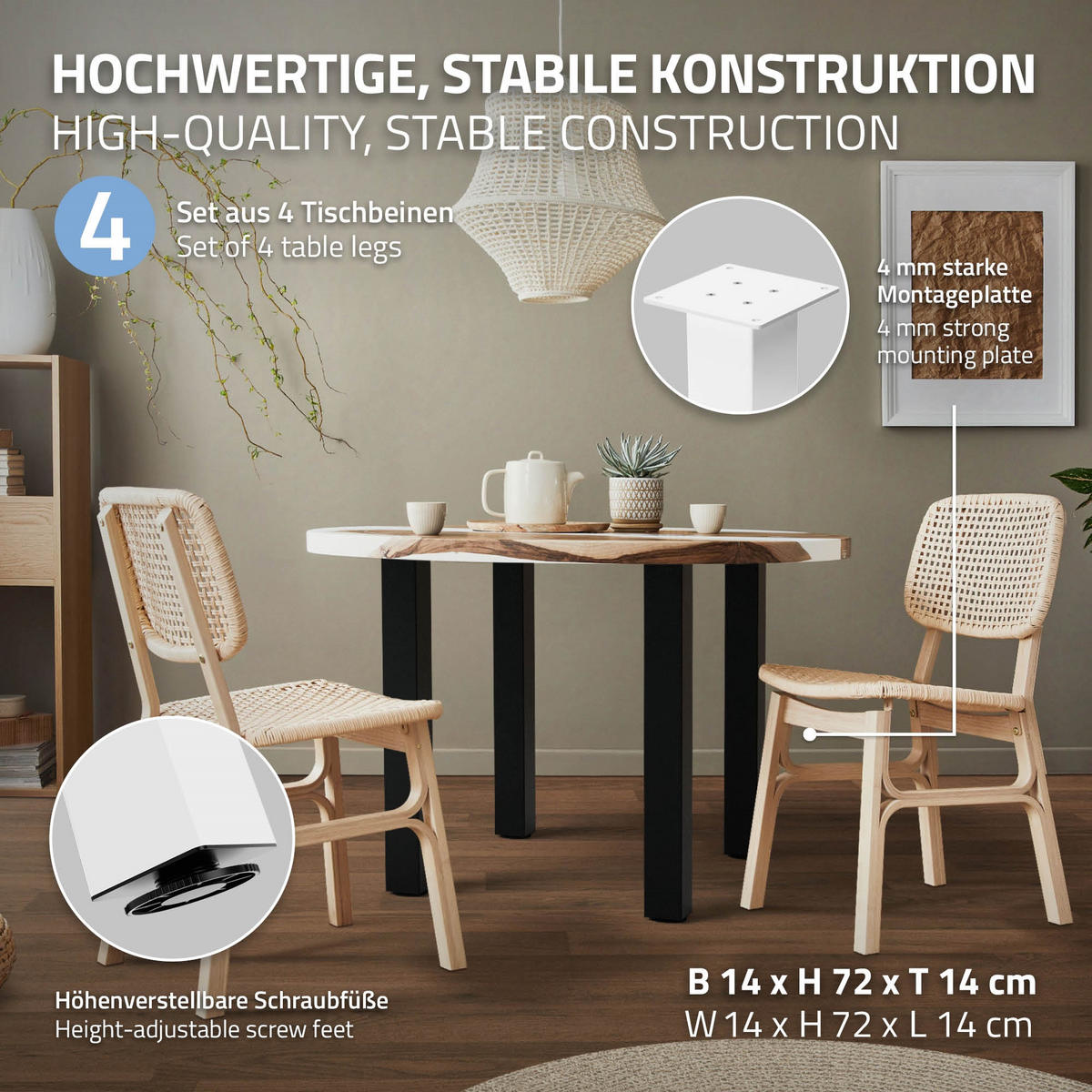 TISCHBEINE 4er Set I-Design H:72 cm Weiß 8x8 cm - Weiß, Metall (8/72/8cm) - ML-DESIGN