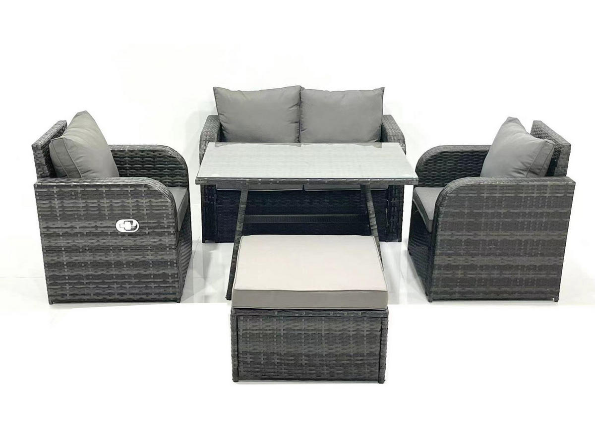 GARTENMÖBEL SET mit COUCHTISCH Polyrattan Dunkelgrau 5-Sitzer - Dunkelgrau/Grau, Glas/Kunststoff - Fimous