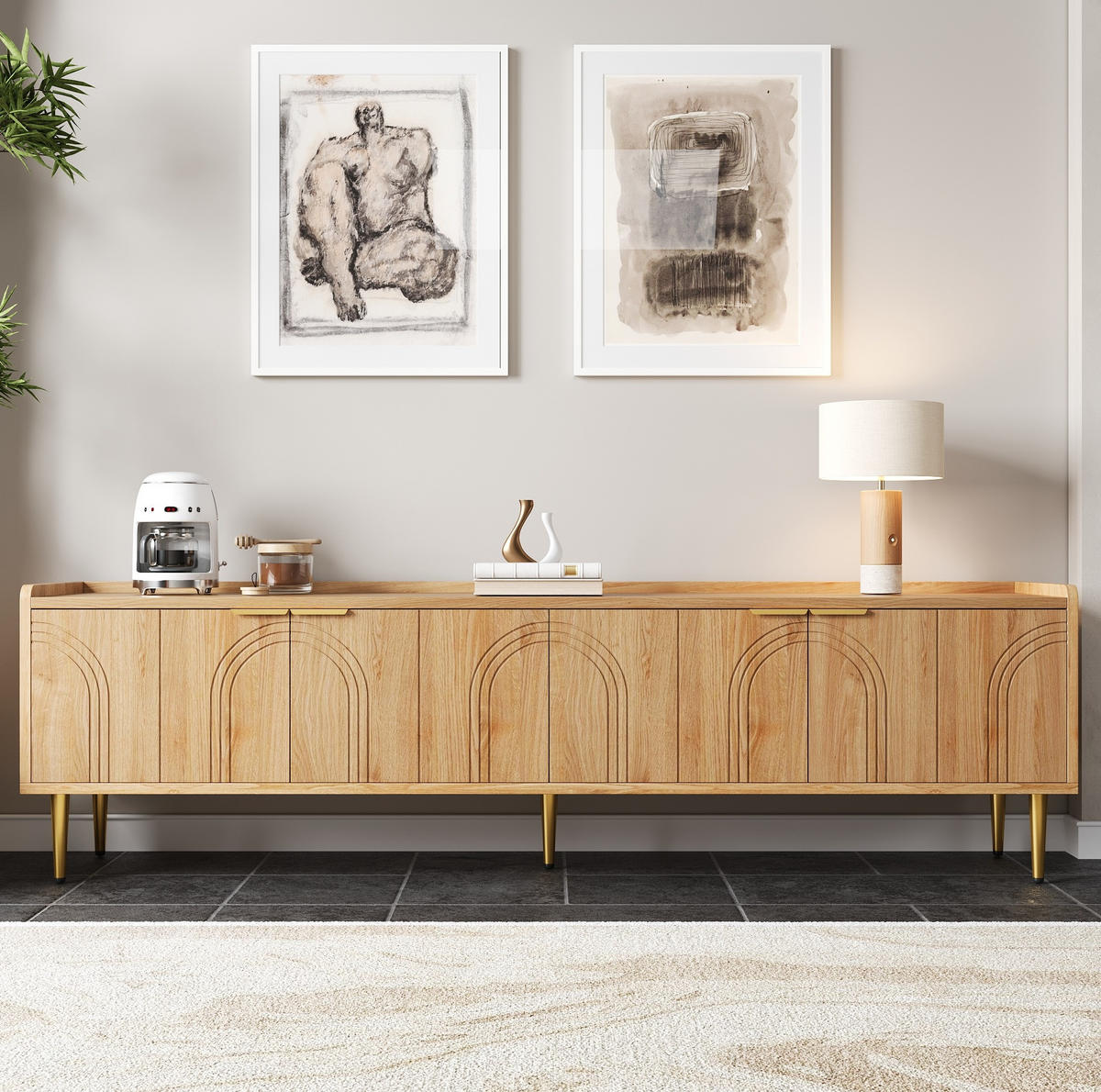 TV-SCHRANK aus MDF 170x35x47,5 cm Natur mit Kabelmanagement und Stauraum, goldfarbene Griffe - Naturfarben, Holzwerkstoff (170/47.5/35cm) - Modfu