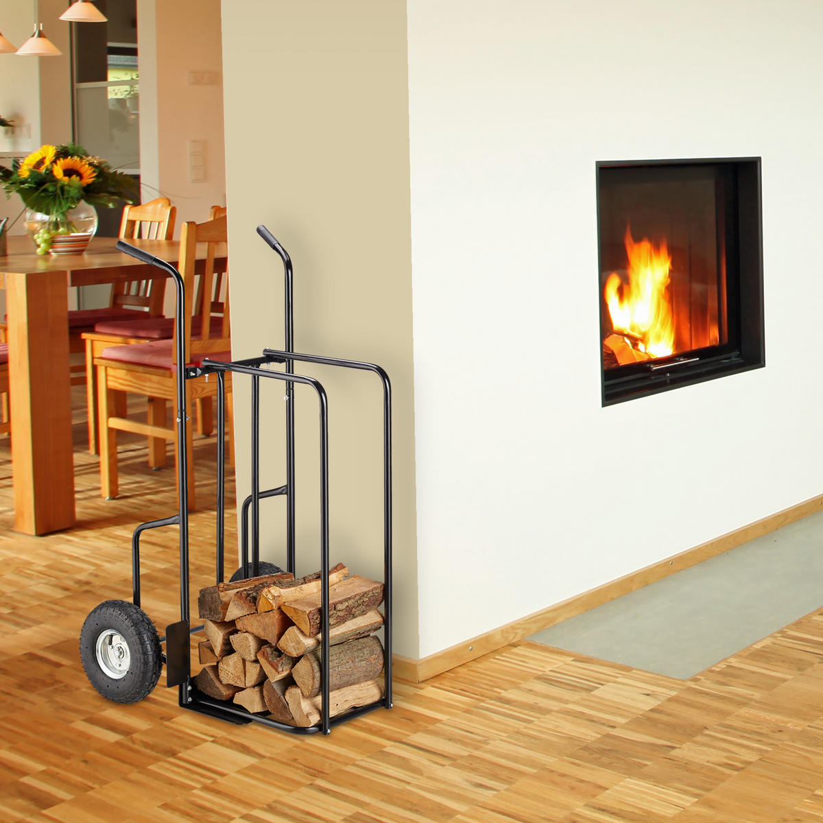 KAMINHOLZWAGEN - Schwarz, Kunststoff/Metall (63/120/65cm) - Relaxdays