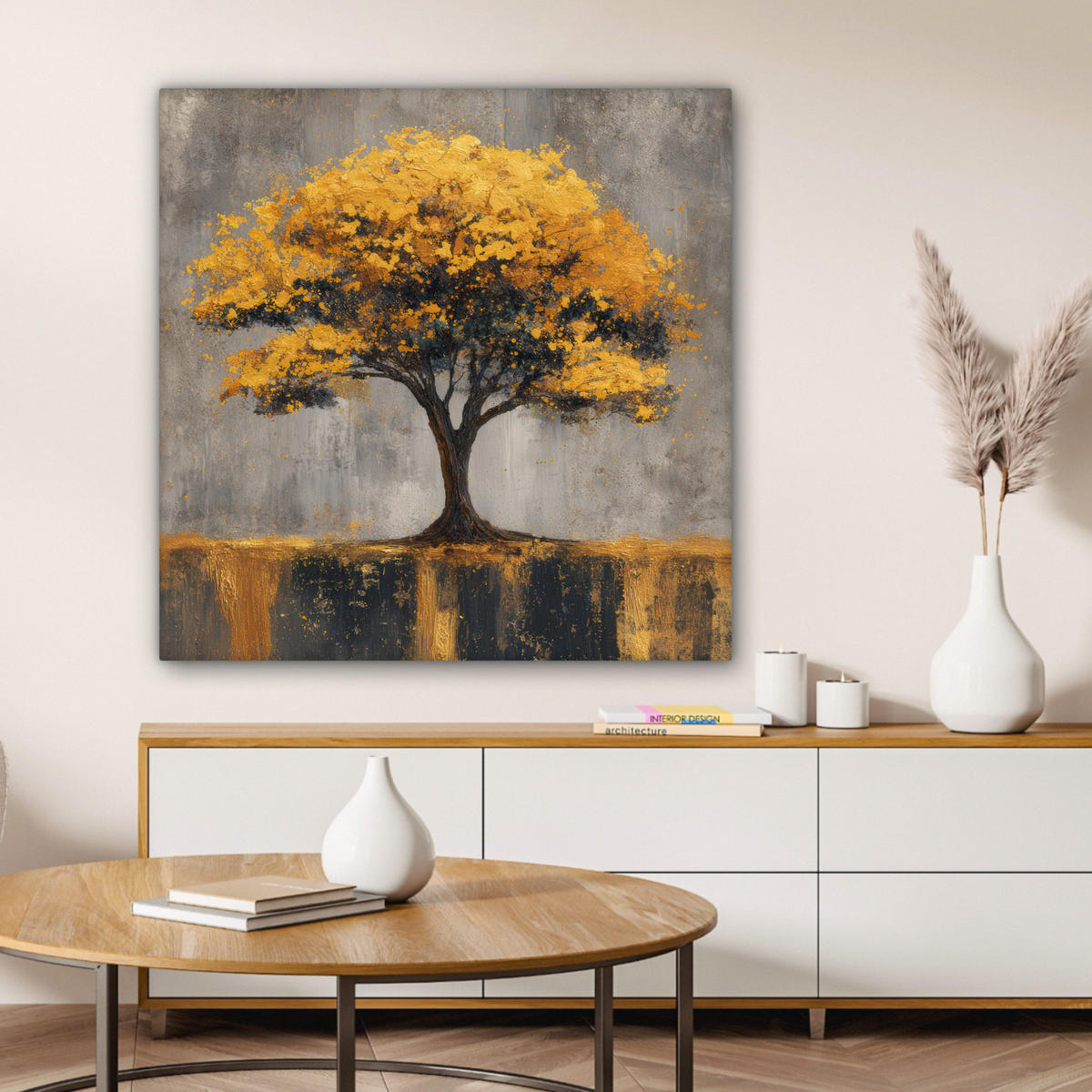 LEINWANDBILD Baum - Blätter - Gold - Abstrakt Deko Groß 90x90 cm - Grau, Textil (90/90cm) - MuchoWow