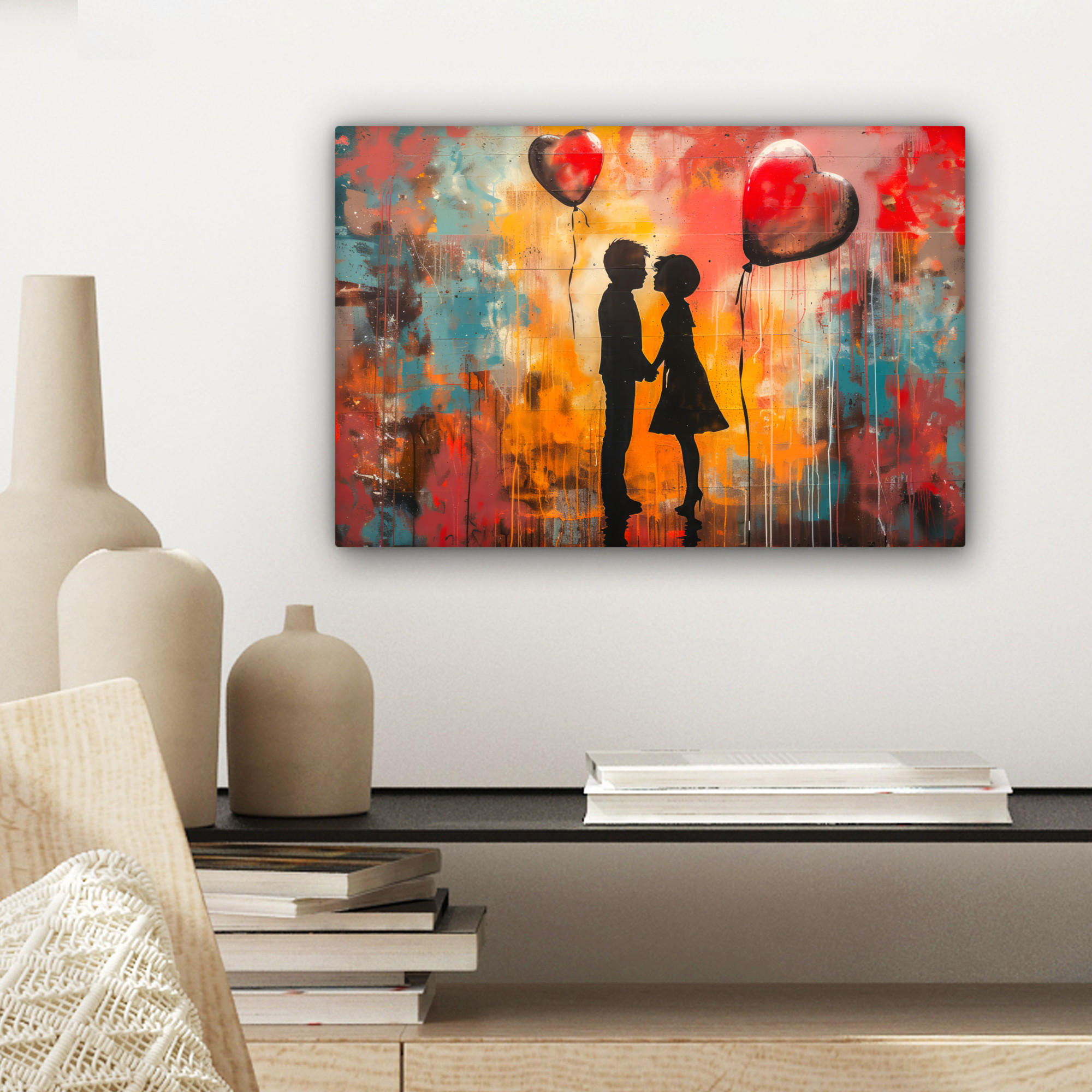 LEINWANDBILD Straßenkunst - Liebe - Graffiti - Kunst - Banksy 30x20 cm - Orange, Textil (30/20cm) - MuchoWow