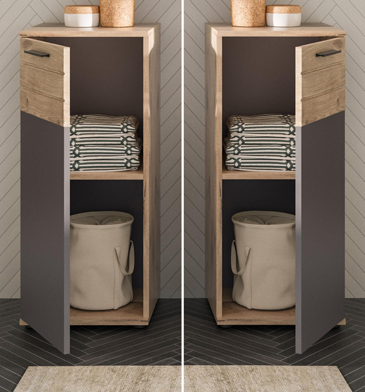 UNTERSCHRANK Eiche grau 37 x 87 cm, Kommode mit Soft-Close, Badmöbel - Eichefarben/Schwarz, Holzwerkstoff/Kunststoff (37/87/34cm) - Inn.Furn