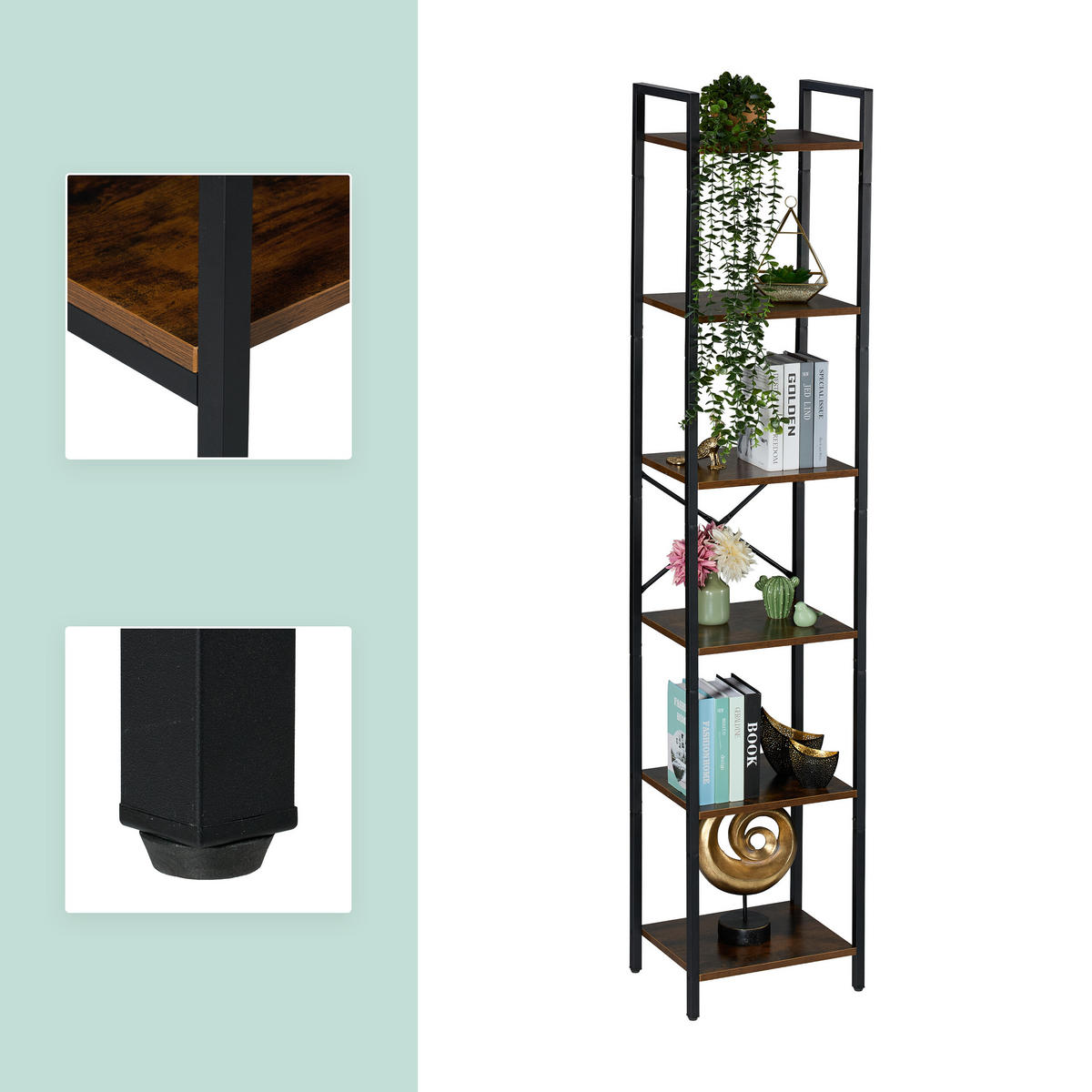 BÜCHERREGAL - Schwarz/Braun, Holzwerkstoff/Metall (40/187/32cm) - Relaxdays