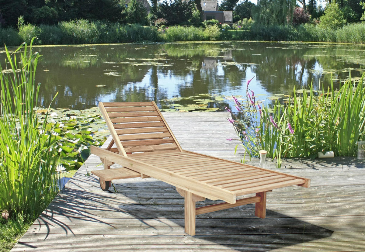 SONNENLIEGE Leo Verstellbar mit Ablagebord Natur Teak Gartenliege mit Rollen - Naturfarben, Holz (64.5/85/198cm) - DELUKE
