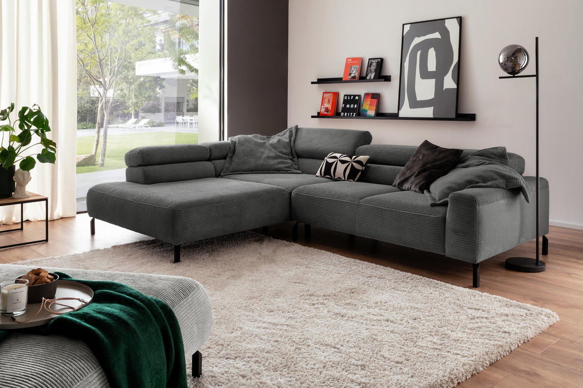 ECKSOFA DELIA Grau Cord - Schwarz/Grau, Textil/Metall (312/219cm) - KAWOLA