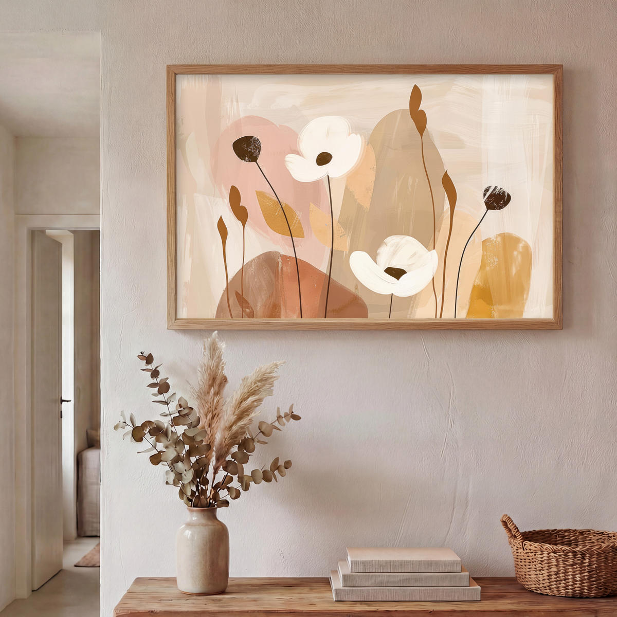 WANDLEUCHTE MIT AKKU Blumen - Abstrakt - Beige - Strichzeichnung 100x70 cm - Sandfarben, Holzwerkstoff (100/70/8cm) - OnlyWow