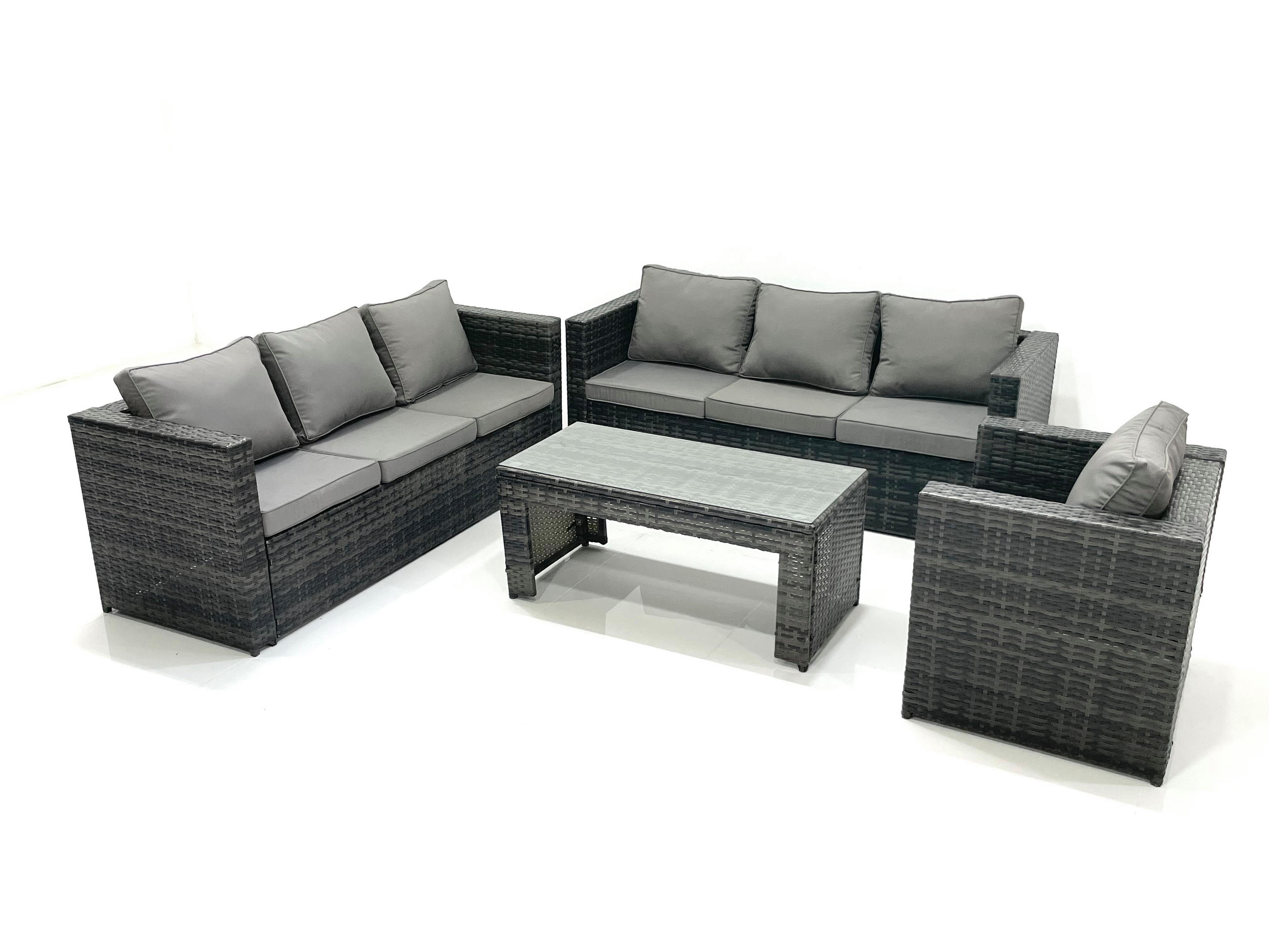 GARTENMÖBEL-SET COUCHTISCH SESSEL SOFA mit HOCKER Polyrattan Dunkelgrau Gemischt 7-Sitzer - Dunkelgrau/Grau, Glas/Kunststoff - Fimous