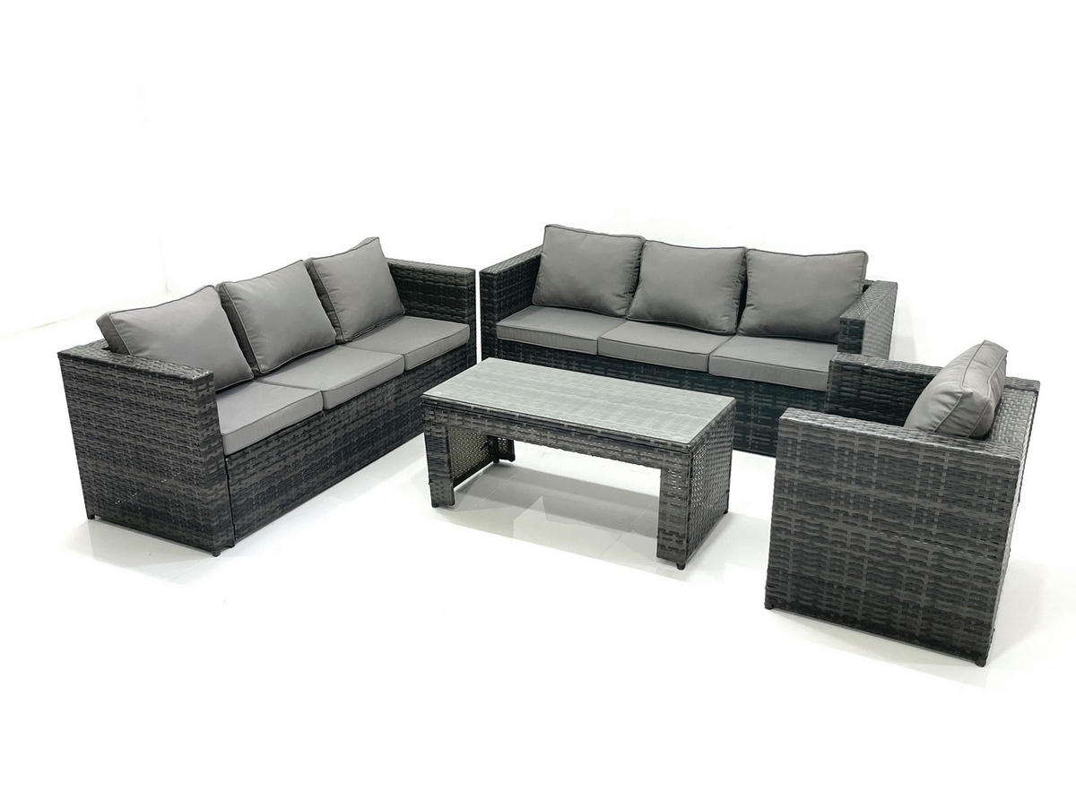 GARTENMÖBEL-SET COUCHTISCH SESSEL SOFA mit HOCKER Polyrattan Dunkelgrau Gemischt 7-Sitzer - Dunkelgrau/Grau, Glas/Kunststoff - Fimous
