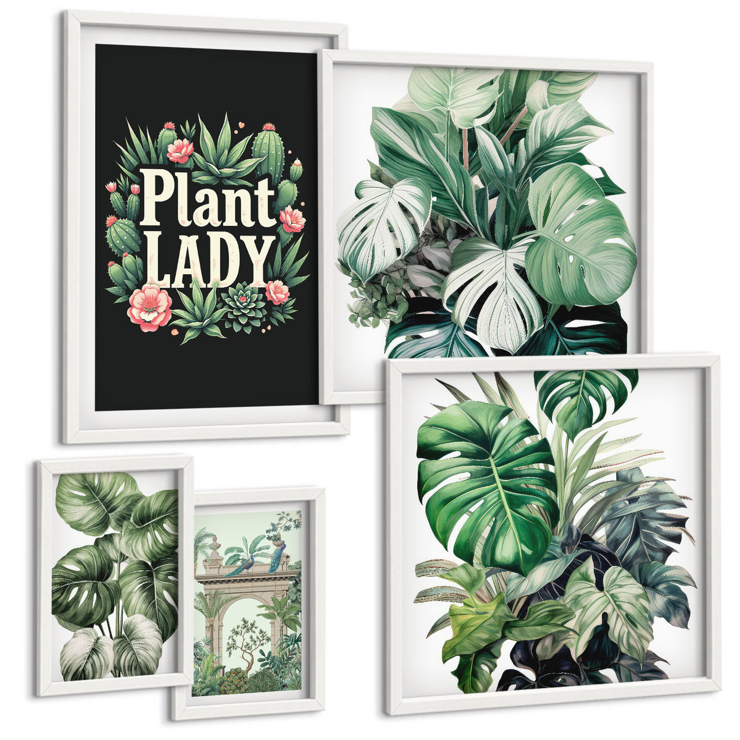 BILDER SET 5er Set - 50x50 cm & 20x30 cm & 40x60 cm Weißer Rahmen - Japanische Natur und Japandi-Stil - Weiß, Kunststoff (40/60cm) - TULUP