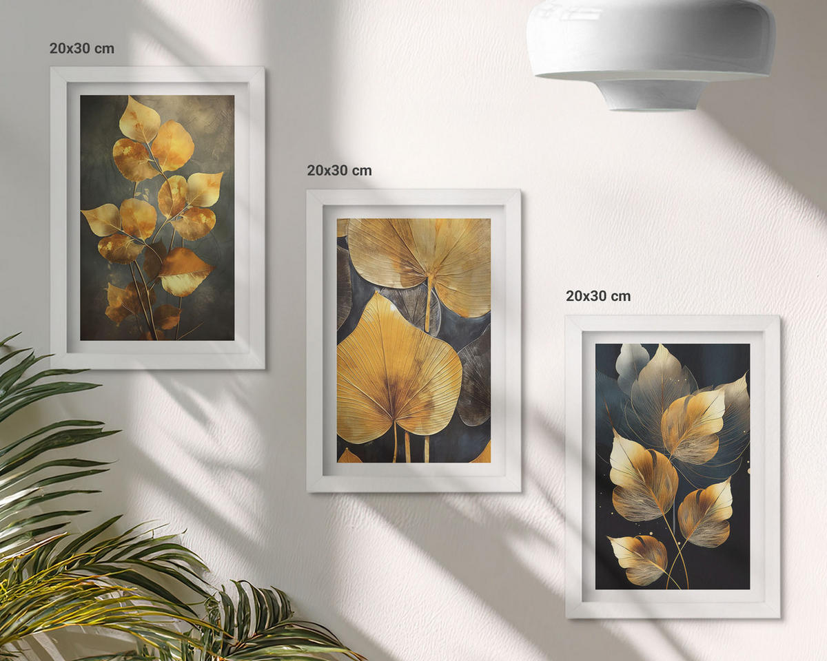 BILDER SET 3er Set - 20x30 cm Weißer Rahmen - Gelbe Blätter auf dunklem Hintergrund - Weiß, Kunststoff (20/30cm) - TULUP