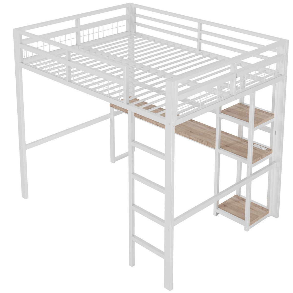 VISOKI krevet od metala 140x200 cm bijeli sa stolom, policama, utičnicom, USB i Type-C priključkom - bijela, metal (90/200cm) - Modfu