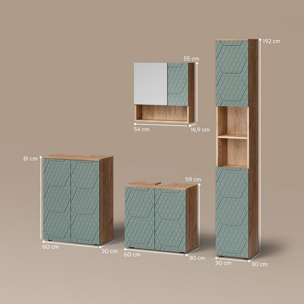 Thumbnail - Livinity® Badmöbel-Set, Grün, Honigeiche, Holzwerkstoff, 16 Fächer, Rechteckig, 60x59x30 cm, Badezimmer, Badmöbelsets & ...