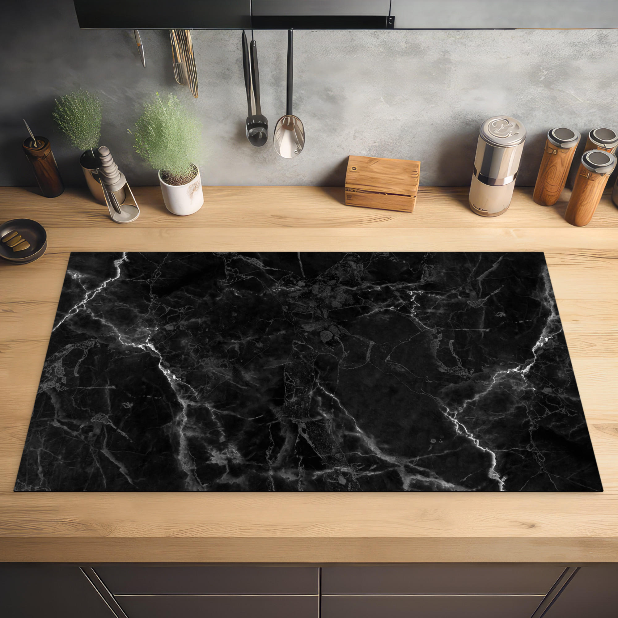 HERDABDECKPLATTE Marmor - Schwarz - Weiß - Textur - Marmoroptik 90x52 cm - Silberfarben, Kunststoff (90/0.2/52cm) - MuchoWow