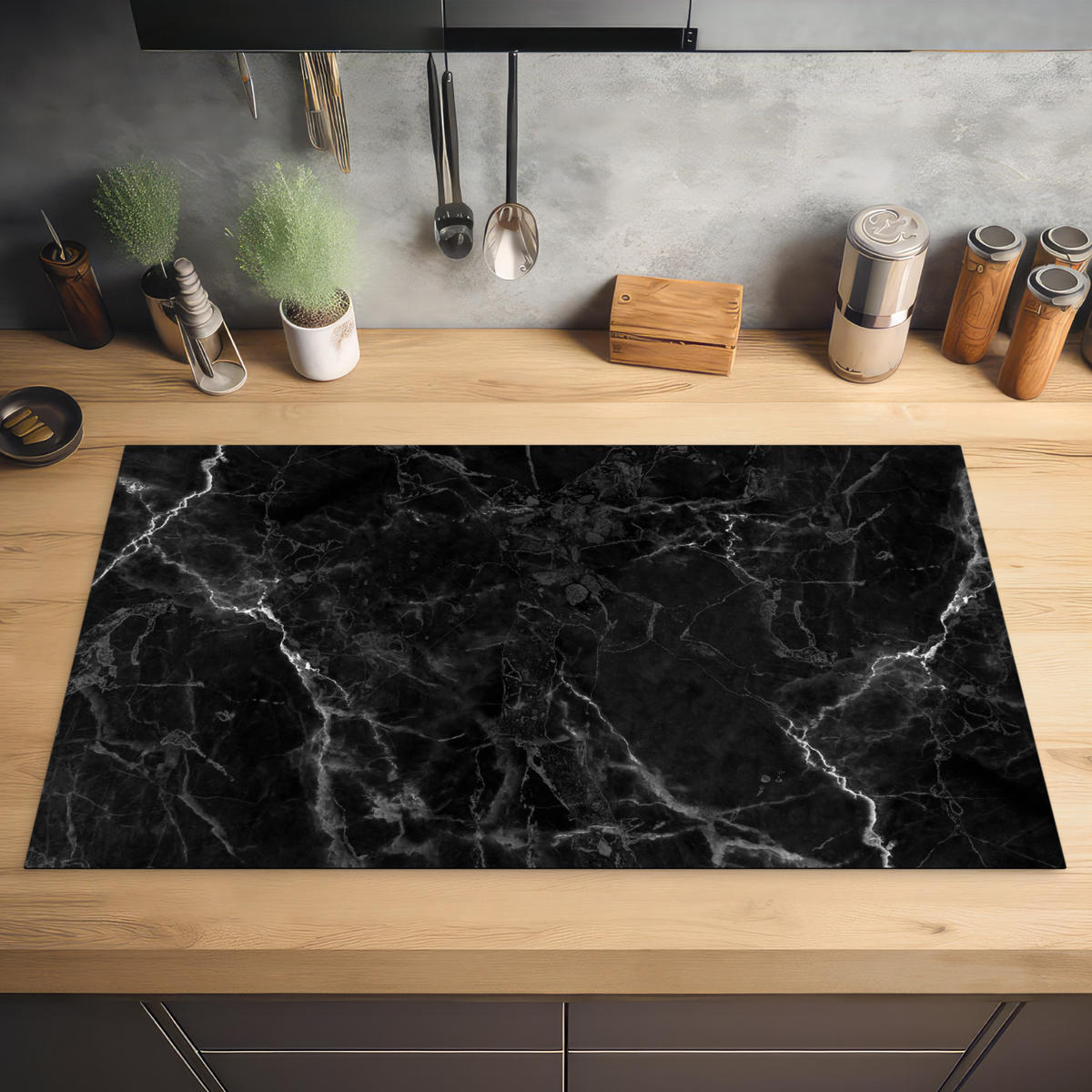 HERDABDECKPLATTE Marmor - Schwarz - Weiß - Textur - Marmoroptik 90x52 cm - Silberfarben, Kunststoff (90/0.2/52cm) - MuchoWow
