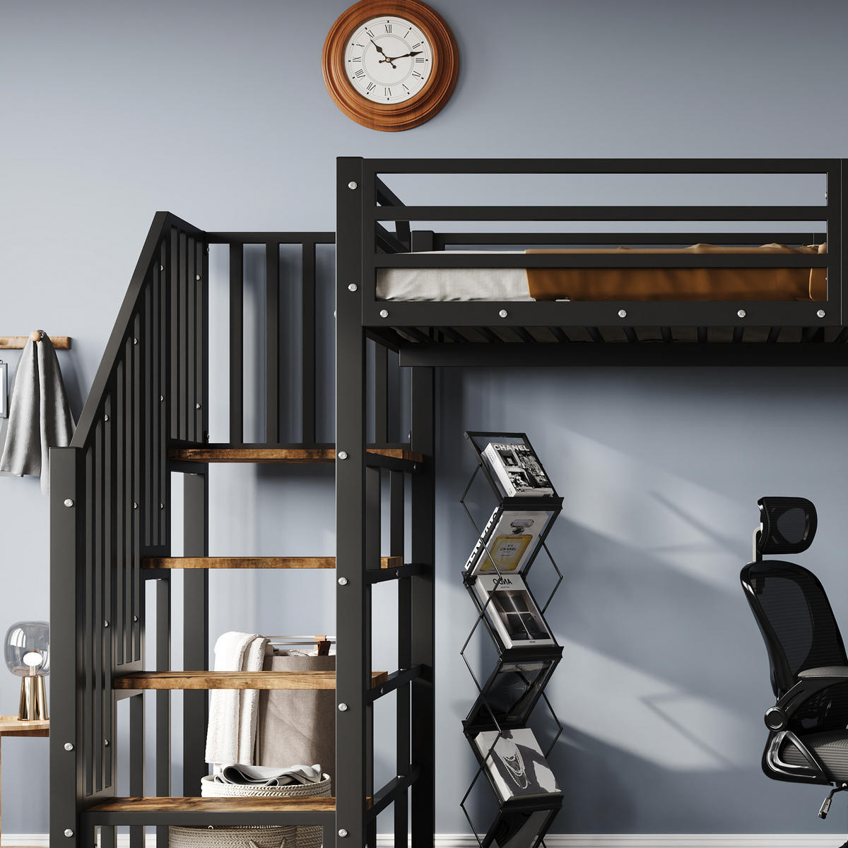 HOCHBETT 120/200 cm in Schwarz & Dunkelwalnuss mit Treppe, Schreibtisch und Regal - Schwarz, Holzwerkstoff/Metall (120/200cm) - STILVORA