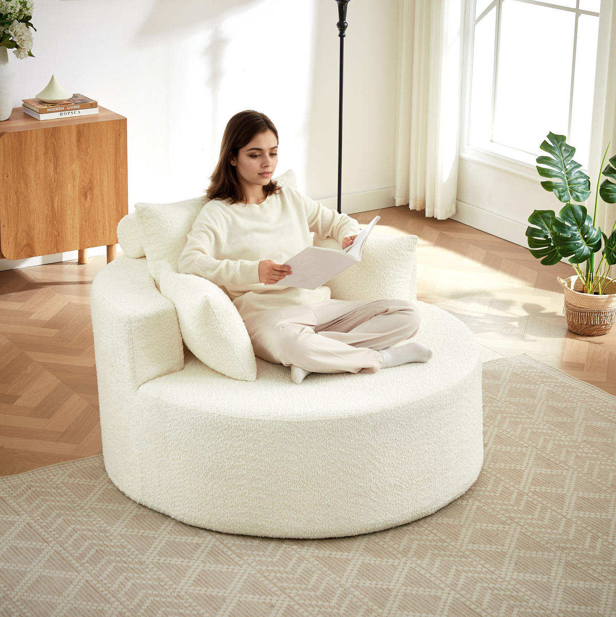 SESSEL ohne Montage mit Rückenkissen und zylindrischem Kopfkissen, Beige - Beige, Textil (127/85/127cm) - Redom