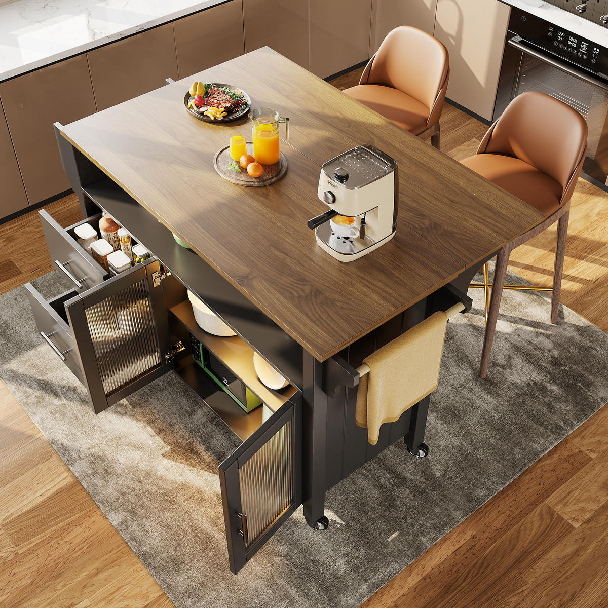 KÜCHENINSEL, LED, Glasvitrine, Rollen, Handtuchhalter, Schwarz - Schwarz, Holzwerkstoff (40/94.5/139cm) - FLIEKS