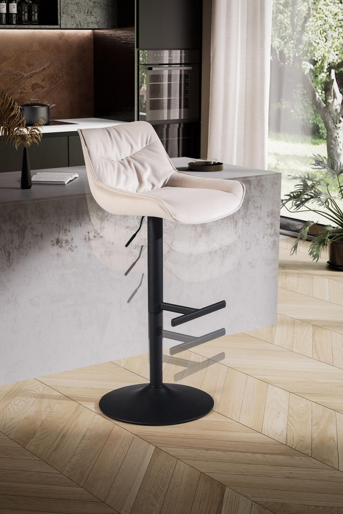 BARHOCKER Samt Lehne Höhenverstellbar Trompetenfuß Gepolstert, Beige 45x55x106 cm - Beige/Schwarz, Textil/Metall (45/106/55cm) - KADIMA DESIGN