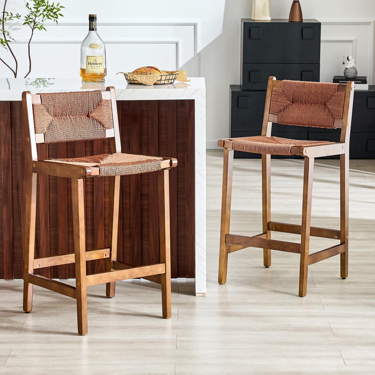 BARHOCKER Walnuss 2er-Set aus Massivholz mit Rückenlehne und Seilgeflecht - Walnussfarben, Holz (44/89/42cm) - PANGIVO