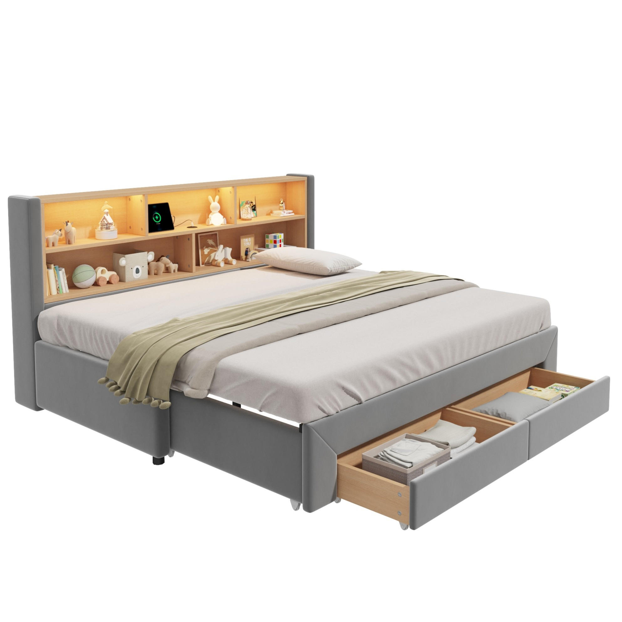 BETT 90/180/200 cm in Grau aus Samt mit LED-Beleuchtung und USB-/Type-C-Anschlüssen - Grau, Textil (180/200cm) - Flora Grace