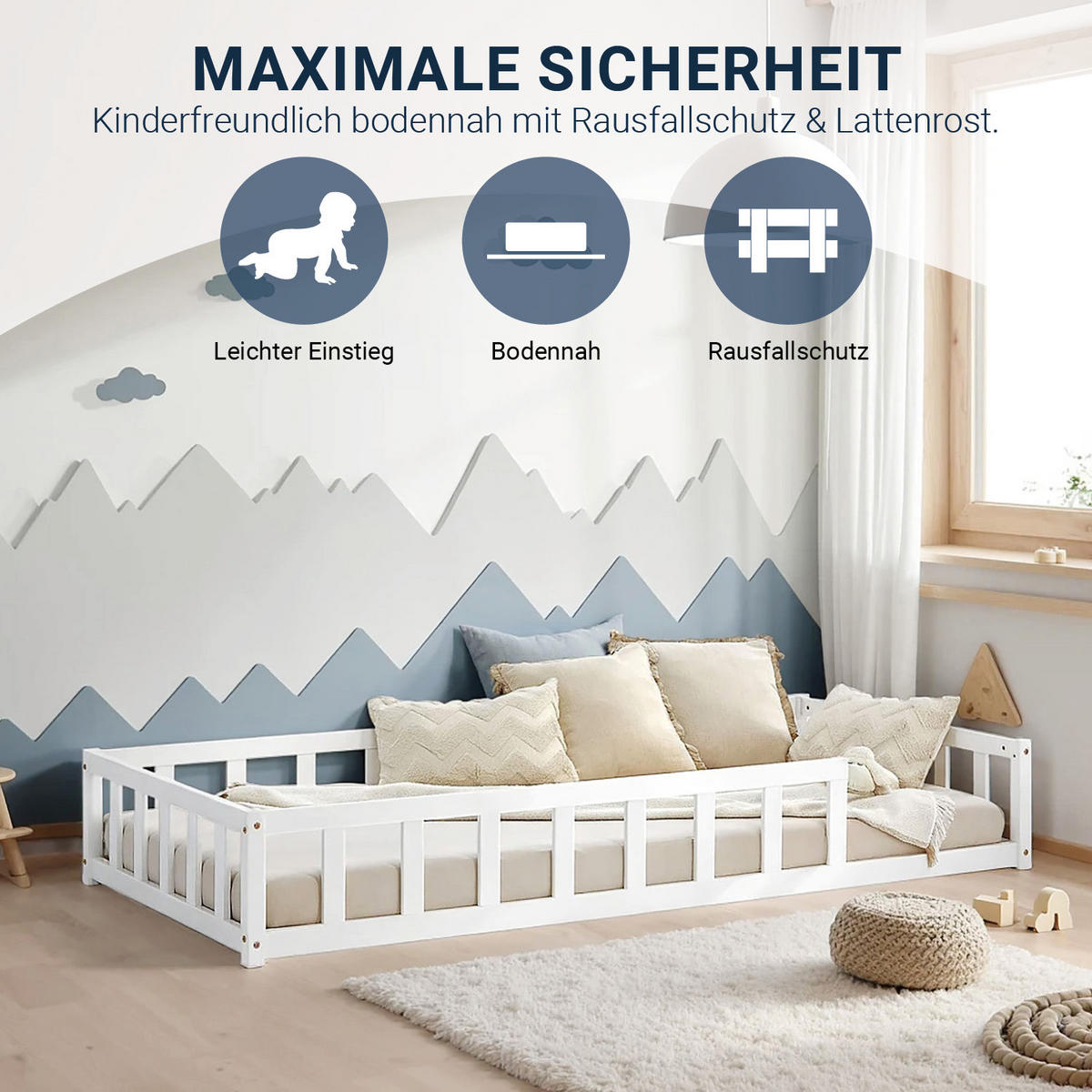 BODENBETT weiß 90x200 cm mit Lattenrost + Matratze - Weiß, Holz (90/200cm) - Homestyle4u