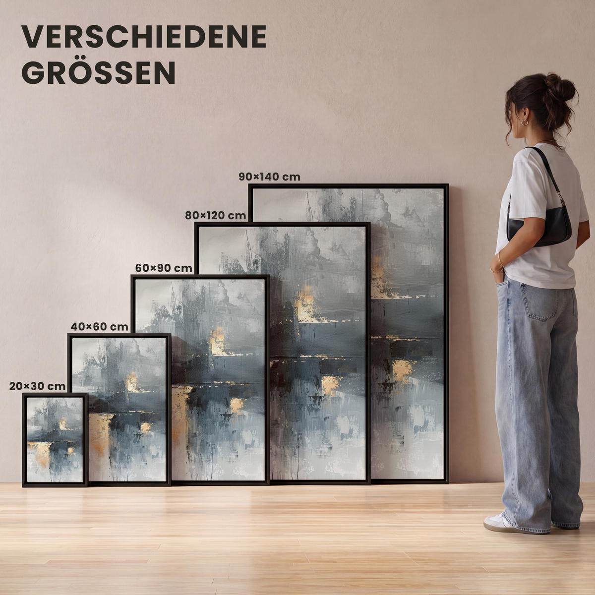 LEINWAND Bilder mit Rahmen - Kunst - Grau - Gold - Abstrakt - 60x90 - Dunkelgrau, Textil (60/90cm) - MuchoWow
