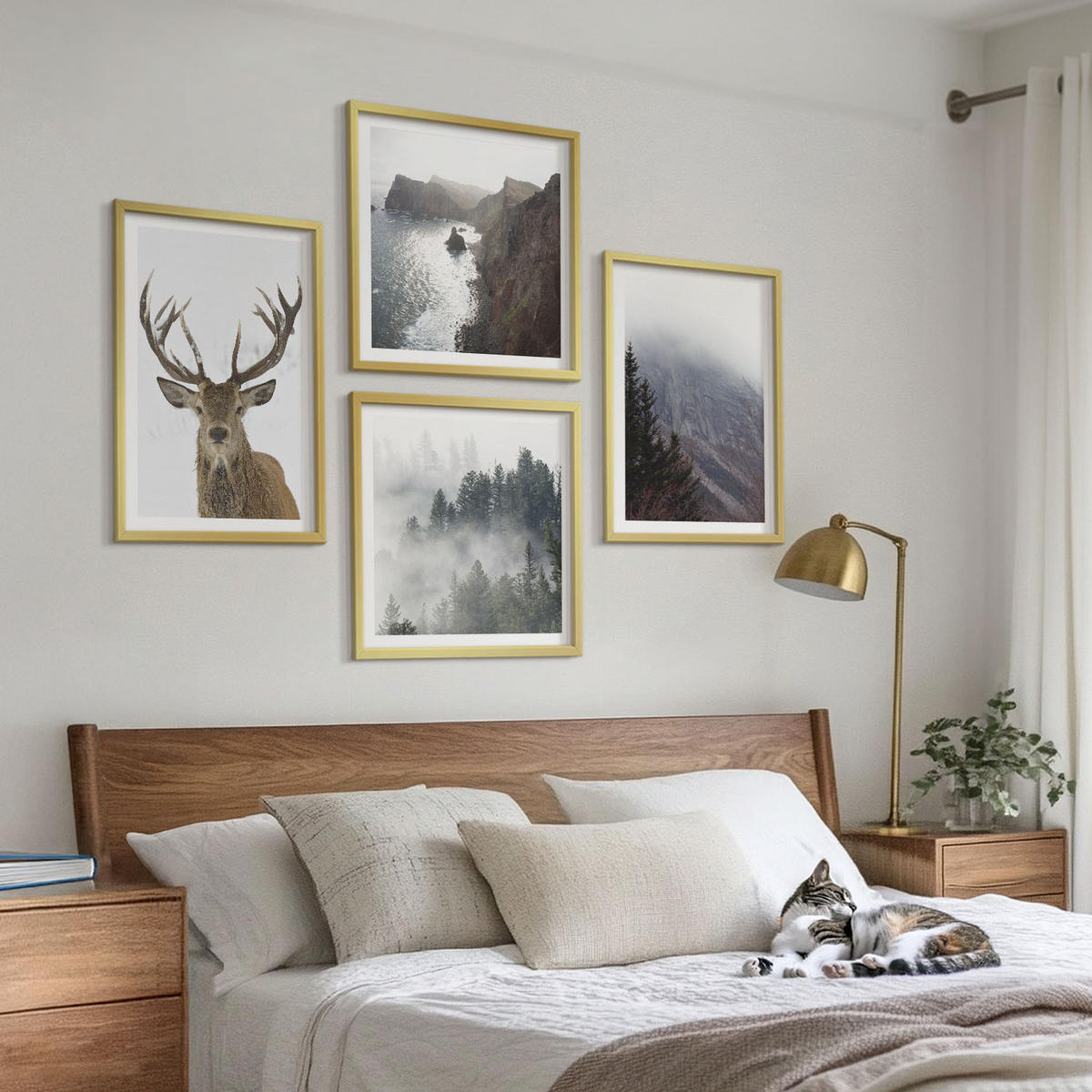 BILDER SET 4er Set - 50x50 cm & 40x60 cm Goldrahmen - Berglandschaft Nebel Hirsch - Goldfarben, Kunststoff (50/50cm) - TULUP