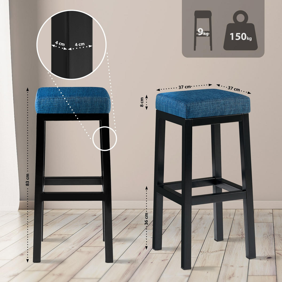 BARHOCKER Taylor 83x37x37 cm Blau - Blau, Metall (37/83/37cm) - furnicato